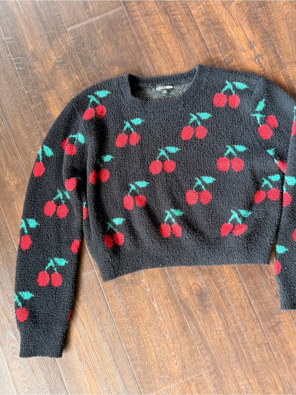Fashion Nova Black Cherry Crewneck Sweater - Red & Green Cherry Motif